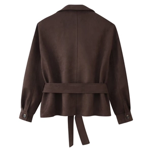 Back view of brown faux suede jacket with tie belt and visible texture details