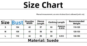 Size chart for women's suede blazer showing measurements in cm for sizes S, M and L