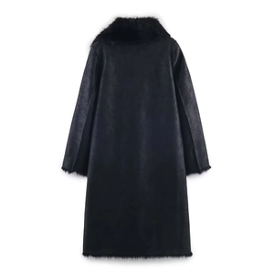 Detail view of the long black coat back with faux fur collar and suede-like texture
