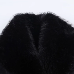 Close-up of thick black faux fur collar detail showing high-quality dense texture and fibers
