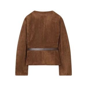 Women's elegant brown faux suede jacket with deep brown leather belt and slim fit cut