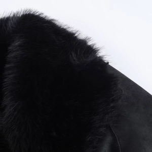 Detail view of the plush black faux fur collar and matte fabric texture on the winter coat