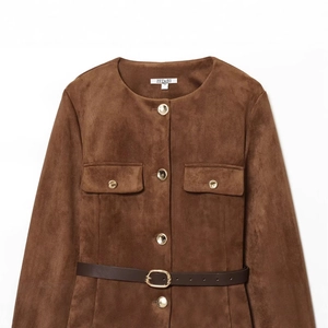 Elegant brown suede jacket for women with gold buttons and adjustable waist belt