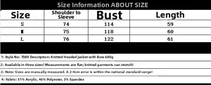 Detailed size chart for the hooded bow knit jacket showing S, M, L measurements and fabrics