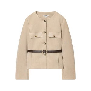 Elegant beige suede jacket for women featuring gold buttons and a slim brown leather belt