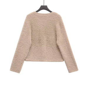 Chic light brown faux mink fur cardigan with round neck and wave knit texture detail