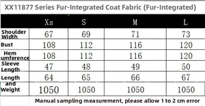 Detailed size chart for faux fur jacket with chest sleeve and length measurements