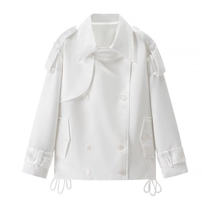 Short white double-breasted trench jacket with lapel collar and drawstring details