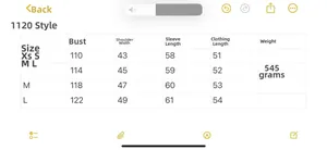 Detailed size chart for women's faux fur jacket with bust and length measurements