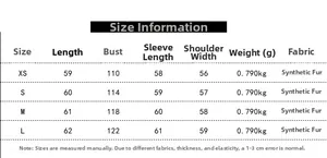 Detailed size chart for faux fur jacket with chest and length measurements for women