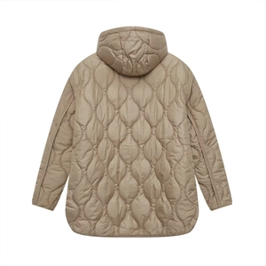Detailed back view of light brown onion-quilted hooded jacket with windproof fabric