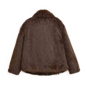 Back view of a thick dark brown faux fur coat with smooth texture and lapel collar