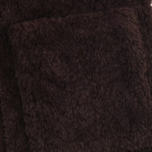 Close-up of thick dark brown faux fur texture and dense fibers on a plush jacket