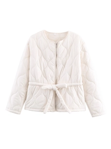 Women's cream onion-quilted lightweight jacket with drawstring waist and round neck