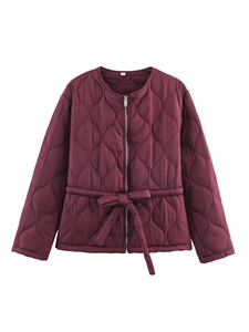 Women's burgundy quilted jacket with drawstring waist and diamond pattern stitching