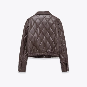 Detailed back view of a dark brown quilted PU jacket with elegant diamond patterns