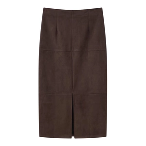 Detail of dark brown faux suede midi skirt with high waist design and front slit