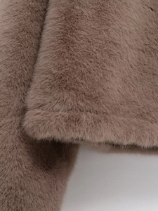 Close-up of the thick brown faux fur texture and long pile detail on the winter jacket