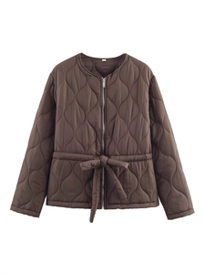 Women's dark brown quilted lightweight jacket with diamond pattern and drawstring waist
