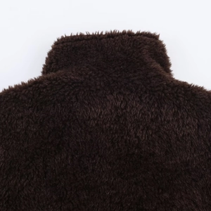 Close-up of the plush texture and stand collar on the dark brown faux fur jacket