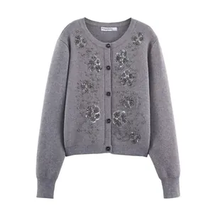 Women Round Neck Long Sleeve Knit Cardigan Beaded Sequin Floral Embroidery Single Breasted Grey Button Up Sweater Coat Casual Top