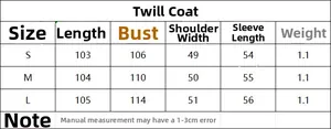 Detailed size chart for long double-breasted herringbone wool coat including S M L specs