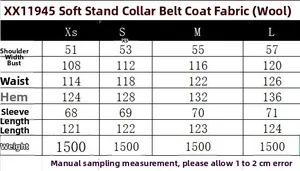 Detailed size chart for long wool coat featuring measurements from XS to L in centimeters