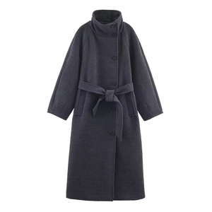 Women Elegant Gray Long Woolen Style Coat Stand Collar Belted Thick Polyester Overcoat Loose Fit Winter Jacket Outwear