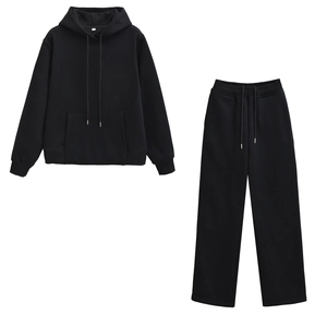 Detail of black hoodie tracksuit showing the kangaroo pocket and adjustable drawstring