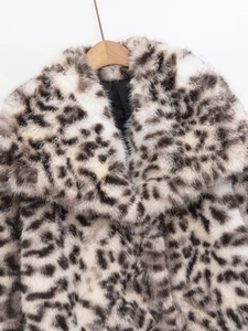 Detail of luxurious leopard print faux fur coat featuring a plush lapel and smooth lining