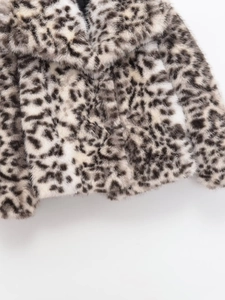 Close-up detail of leopard print faux fur texture with wide lapel and smooth lining