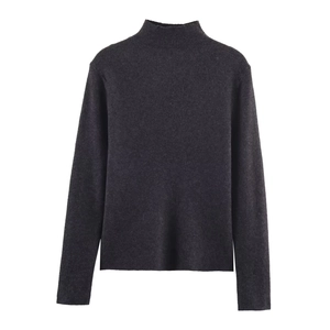 Close-up of mock neck and ribbed texture on charcoal grey knitted slim-fit top
