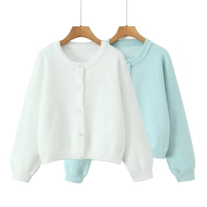 Gilet en Maille Femme Fausse Fourrure de Vison Col Rond Bouton de Künstliche Perle Tricot Doux Manches Longues Vêtement Top