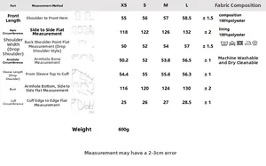 Size chart for striped puffer jacket showing measurements for XS to L with fabric details