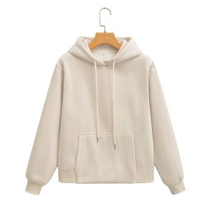 Detail of oatmeal hoodie featuring drawstring hood, ribbed cuffs and kangaroo pocket