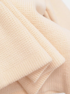 Detail shot of the cream ribbed knit fabric texture on this stylish autumn cardigan sweater