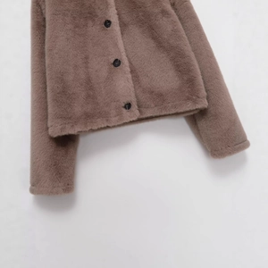 Brown faux fur short jacket for women with long sleeves and front button details