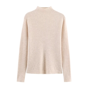 Detailed close-up of beige mock neck ribbed knit sweater with elegant slim-fit texture