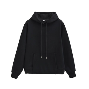 Detail of black hoodie with kangaroo pocket drawstring and size M label on white background