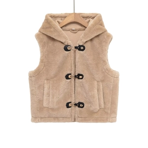 Gilet à Capuche en Fausse Fourrure pour Femmes Automne Hiver Chaud Sans Manches Avec Fermeture à Cabillot Couleur Unie