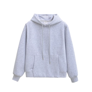 Close-up of light grey hoodie with drawstring hood, kangaroo pocket and size S neck label