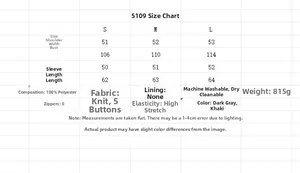 Detailed size guide and material specs for the single-breasted knitted hooded jacket