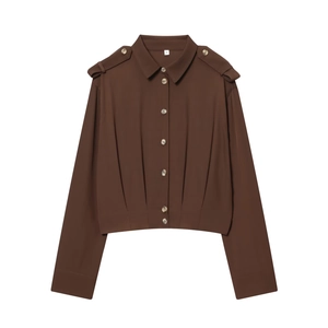 Chemise Femme Manches Longues Brun Foncé Style Européen Blouse Décontractée Plissée Avec Épaulettes Couleur Unie Top Streetwear