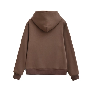 Detailed back view of a dark chocolate hoodie with ribbed cuffs and hem and heavy fabric