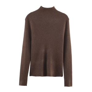 Detailed view of the ribbed knit cuffs and collar on a dark brown slim fit turtleneck sweater