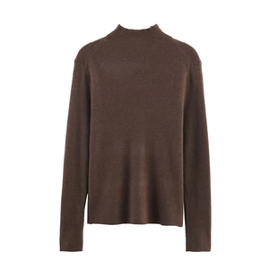 Close-up of a brown long-sleeve knit sweater with a sleek mock neck and raglan sleeves