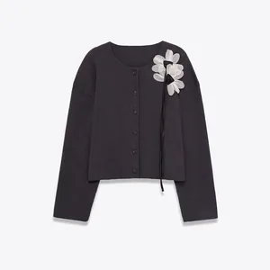 Damen Rundhals Gerippte Strickjacke Mit 3D Blumendekoration Langarm Einreihige Street Fashion Pullover Jacke