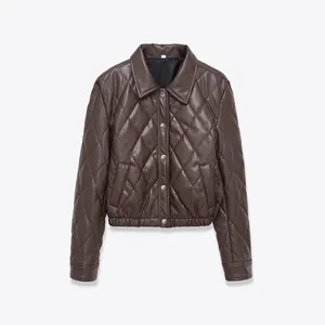 Women Quilted PU Leather Jacket Short Lapel Collar Long Sleeve Fashion Quilted Diamond Pattern Solid Color Outerwear Coat