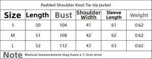 Size chart for women's shoulder-padded jacket showing length, bust, and sleeve measurements