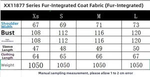 Size chart for model XX11877 faux fur jacket showing XS to L measurements and weight details